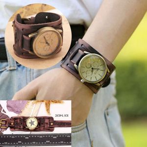 Grands hommes femmes rétro Punk grand large Bracelet en cuir Bracelet manchette montre unisexe Match