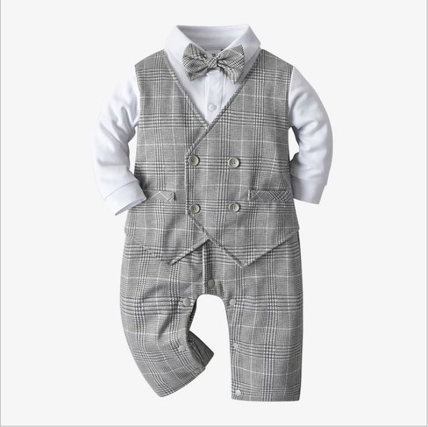 Grande qualité bébé garçons Gentleman Style barboteuses printemps automne enfant en bas âge garçon combinaisons à manches longues avec noeud papillon infantile coton Onesies