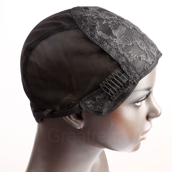 Greatremy Bonnets de perruque professionnels pour la fabrication de perruque avec peignes et sangles réglables, dentelle suisse, noir, taille moyenne