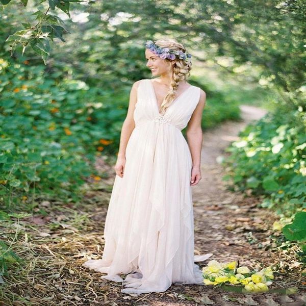 Grecian Beach Country Vestidos de novia Sexy Cuello en V profundo Vintage Boho Vestidos de novia Marfil Gasa Una línea Diosa griega 2017281i