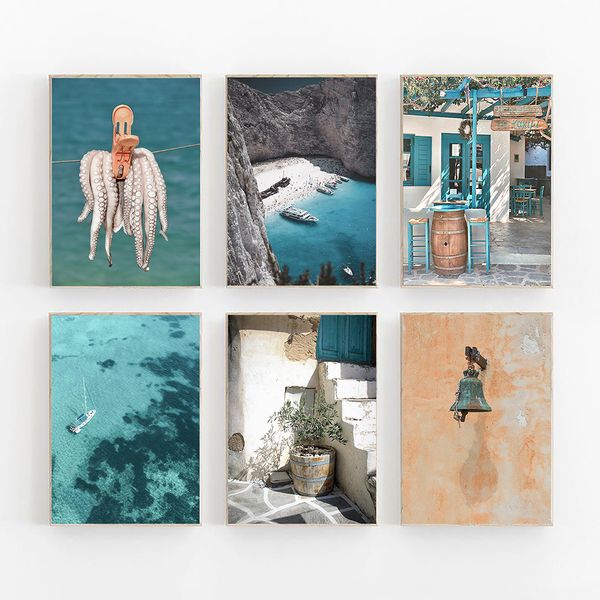 Grecia impresión Retro paisajista de arte océano Santorini estampado mediterráneo de viajes pastel de la sala de estar decoración del hogar