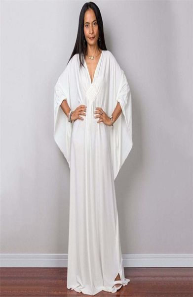 Diosa griega Pure White Long Vestido aturdidor de color sólido Kaftan Black Kaft Batwing Manga Maxi Vestidos para mujeres elegantes 220333537390