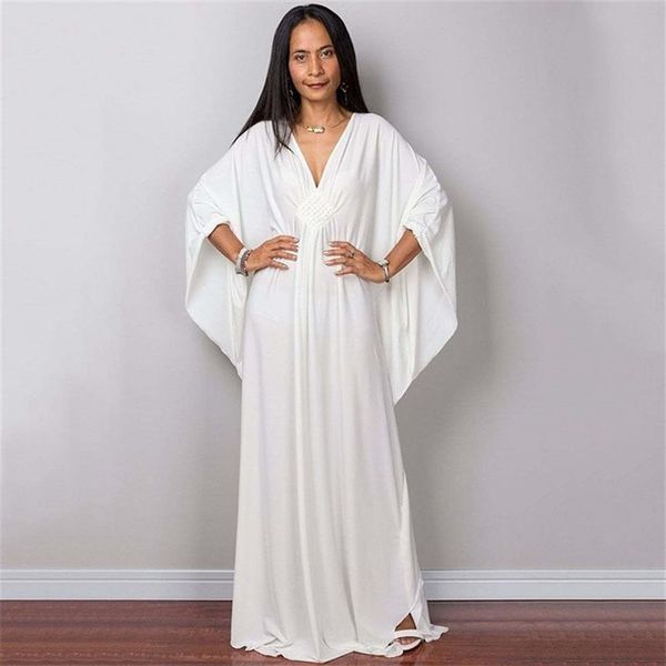 Diosa griega Vestido largo blanco puro Stuning Color sólido Caftán negro Cintura alta Manga de murciélago Vestidos largos para mujeres elegantes 2204250V