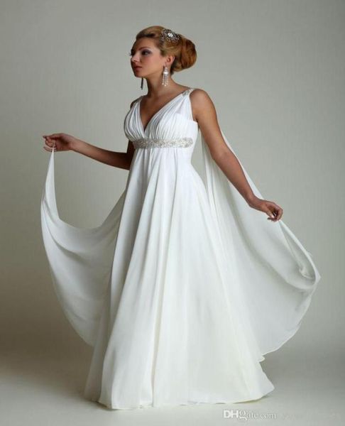 Robes de mariée de plage de style grec 2018 nouvelles perles ceinture col en V plis Empire en mousseline de soie robes de mariée de maternité Robe De Mariage personnalisé M6774402