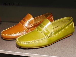 Chaussures décontractées en cuir vert 879 faites à la main, bateau à bout rond, bouche peu profonde, à la mode et confortables pour hommes