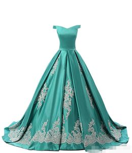 Green A 2019 Line Satin Prom -jurken van de schouder Chic Lace Appliqued Long Formele OCN Wear Custom Made Evening Jurk Ppliqued