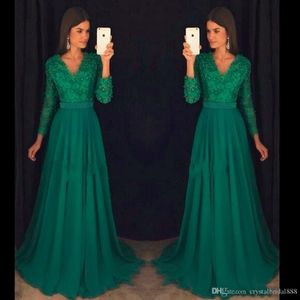 Verde Una línea esmeralda Vestidos Cuello en V Manga larga Apliques de encaje Gasa Perlas con cuentas Tren de barrido Vestido de noche formal Vestidos de fiesta ppliques