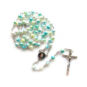 Collar de Rosario con Cruz de acrílico verde, joyería larga de oración religiosa católica para hombres y mujeres