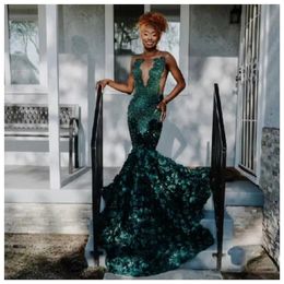 Vestidos de fiesta de baile de graduación verdes de la sirena pura lentejuelas florales con cuentas negras negras nigeria bata de soiree vestido de noche