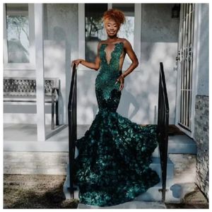 Green African American Prom Dresses Mermaid Sheer pailletten bloemen kralen zwarte meisjes nigeria robe de soiree avondjurk jurk