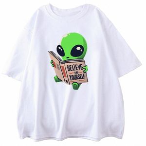Impresiones alienígenas verdes Cree en ti mismo Imprimir Hombres Cott Camisetas Oversize Casual All-Math Tee Tops Creatividad Mans Manga corta 85QZ #