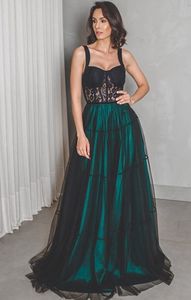 Groen en zwart Een lijn Elegante Lange Avond Formele Jurken 2019 Sheer Kant Top Party Prom Dresses VS Vestidos de Fiesta