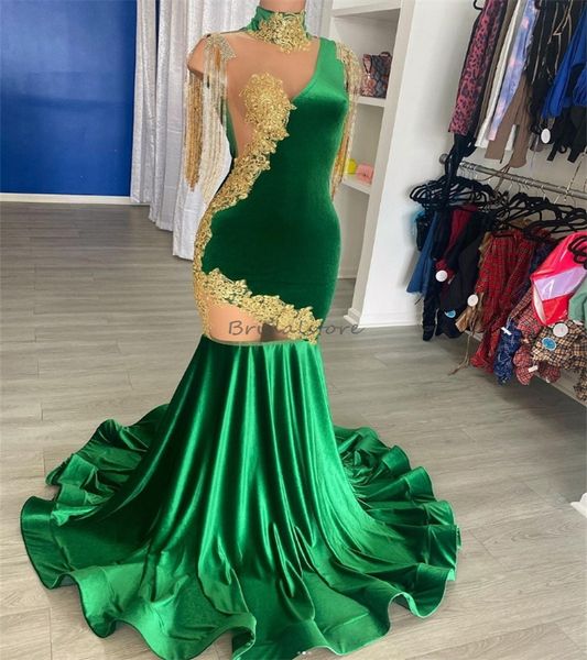 Robes de bal vert et or 2024 Magnifique filles noires robe de soirée sirène velours avec chauffe