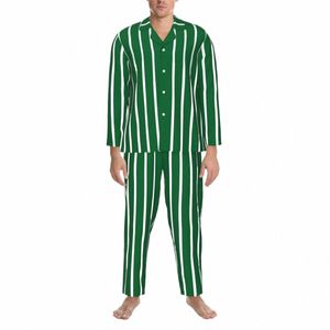 Vert et blanc rayé vêtements de nuit automne lignes verticales rétro surdimensionné pyjama ensemble hommes lg-manches chambre confortable costume à la maison H7Ts #