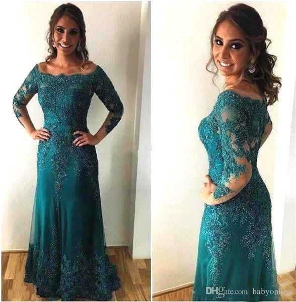 Green Aqua Teal Sleeve Mother of Bride Elegant Robes Elegant Boat Necy Appliques Perles Lace Lace Longue Robes Forme Robe Forme