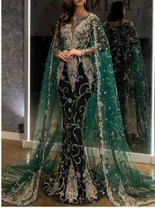 Groene Arabische Kaftan Formele avondjurken met cape kralen kant -appliques glitter prom jurk lange mouw veet lente herfst winter zeemeermin feestjurken