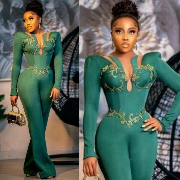 Aso Ebi vert robes de bal pour occasions spéciales combinaisons manches longues élastique satin perlé soirée robe formelle pour Nigeria femmes noires robes de fiançailles NL216