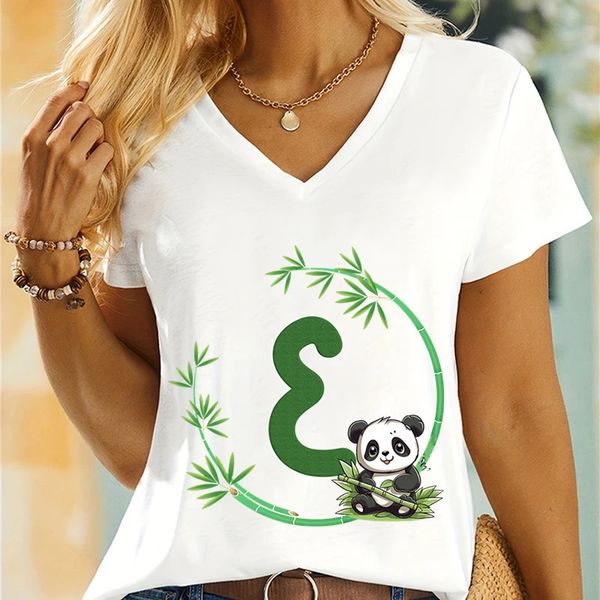 Vert AZ Alphabet Pandas manger bambou blanc femmes col en v t-shirt avec mignon Panda décontracté haute rue mode t-shirts 240318