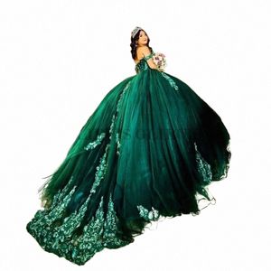 Groene Baljurk Quinceanera Dres Applicaties Kralen Parels Uit De Schouder Sweet 16 Dr Vestido De 15 Anos Lace-Up B8IA #