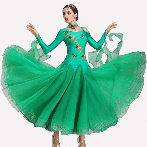 Robes de concours de danse de salon vert robe de valse frange Costumes lumineux Standard Foxtrot pour les femmes scène Wear265O