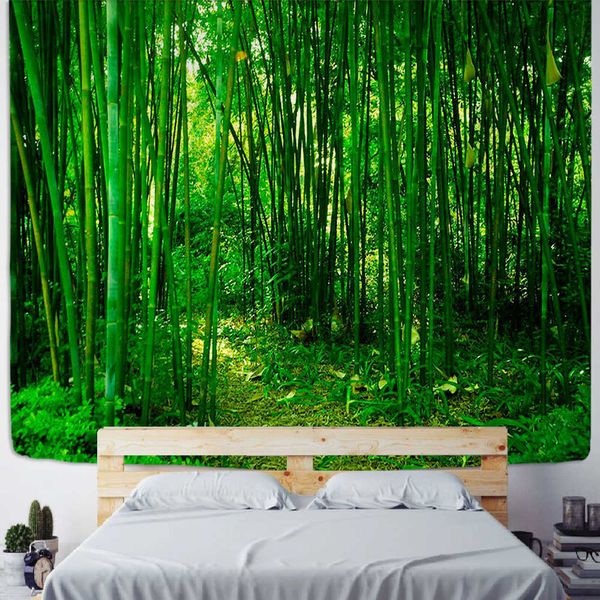 Bosque de bambú verde Naturaleza Tapiz Diseño Grano de madera Tapiz Bosque Colgante de pared Decoración de la sala Decoración para el hogar Árbol de la pared 210609