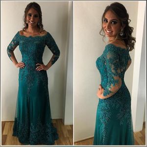 Groene Kralen Zeemeermin Moeder Van De Bruid Jurken Lange Mouwen Off Shoulder Avondjurken Formele Kant Geappliceerd Bruiloft Gast Dress2886