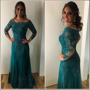 Groene Kralen Zeemeermin Moeder Van De Bruid Jurken Lange Mouwen Off Shoulder Avondjurken Formele Kant Geappliceerd Bruiloft Gast Dress254y