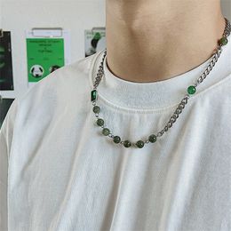 Perles vertes Marée Marque Couture Collier Hip-Hop Chaîne Cubaine Simple Titane Acier Hommes Et Femmes Mode All-Match Bijoux