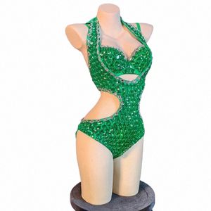 Groene Grote Rijnstes Bodysuit Sexy Gogo Danser Kostuums Vrouwen Pole Dance Hollow Outfit Nachtclub Dj Ds Stage Rave Kleding 6726 x4es #