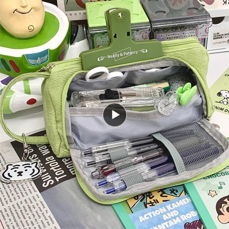 Grande boîte de papeterie verte Durable pour étudiant porte-crayon fournitures scolaires plusieurs couches stylo sac