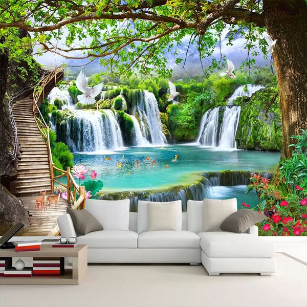 Vert grand arbre cascade Nature paysage peinture murale personnalisé 3D Photo papier peint pour salon TV fond Mural De Parede