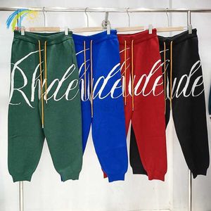 Groen Zwart Blauw Rood Vintage Rhude Gebreide Joggingbroek Mannen Vrouwen Hoge Kwaliteit Grote Jacquard Rhude Casual Broek Koord