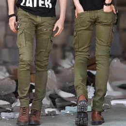 Green Black Denim Biker jeans Mens Skinny Runway Distressed slim jeans élastiques homme hiphop Washed Military cargo pants MX200814303T