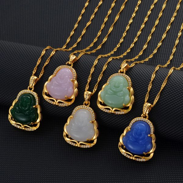Colliers avec pendentif bouddha en or jaune 14 carats, vert, bleu, rose, blanc, amulette pour femmes, bijoux Maitreya de Style chinois, nouveau modèle