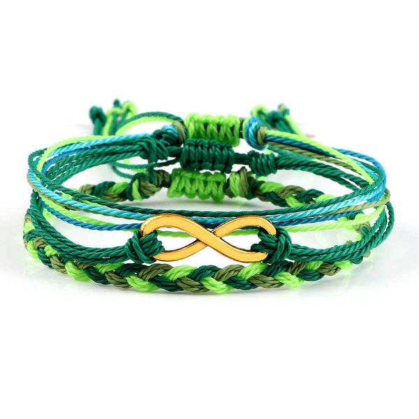 Conjunto de pulsera verde Charm Árbol de la vida Infinito Ondas Hilo de cera Pulseras tejidas Mujeres Brazaletes de yoga Cadena bohemia Joyería de muñeca G1026