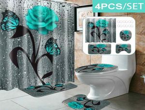 Butterfly Rose motif étanche rideau de douche à imprimé 4 pièces couvercle de porte-toile de toilette de salle de bain pavé de bain de salle de bain rideau de salle de bain C2791378