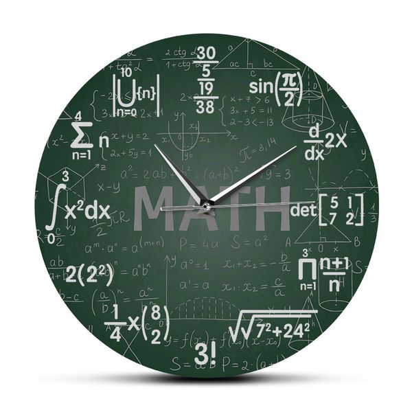 Tableau vert Math Formulas Horloge murale Horloge suspendu Montre mural Science Retour à l'école Science Mathématiques Art Math Decor Math Geek Cadeau LJ201204