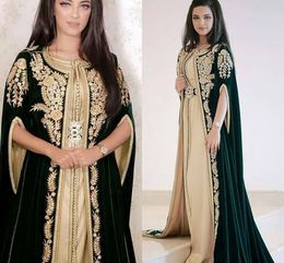 Green Champagne Kaftan Avondjurken Emboridery Applicaties Lange Prom Jurk met jas Arabische Abaya Marokkaanse feestjurk