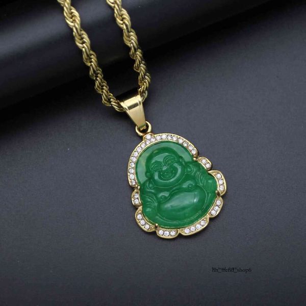 Green Chanells Mishap Jade Bijoux riant Collier de chaîne de pendentif Bouddha pour femmes accessoires en acier inoxydable 18k Amulet plaqué