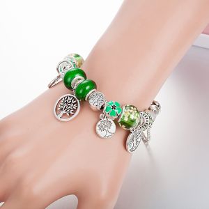 Green Charms Pendentif arbre généalogique Bracelets Fille Womens Fashion Party Gift avec boîte d'origine pour Pandora Silver plated Snake Chain Bracelet Set