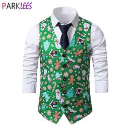 Groen Kerstmis Vest Vest Mannen Mode Peperkoek Man Sneeuwvlok Print Vesten Mannen Navidad Party Festival Kostuum Chaleco 210522