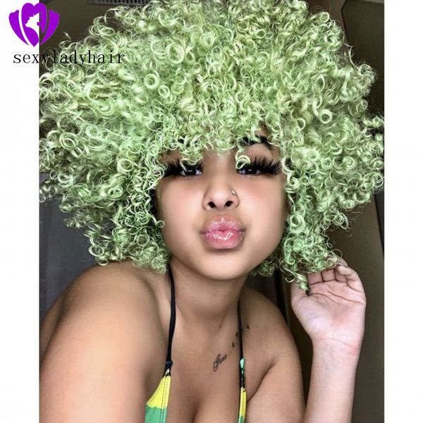 Perruque Lace Front Wig bouclée de couleur verte avec frange, perruque synthétique brésilienne courte avec cheveux de bébé pour femmes noires