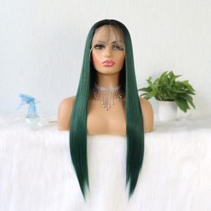 Green Color Synthetic Lace Front For Fashion Women Heat Long Straight Hair Resistant 24 Inch