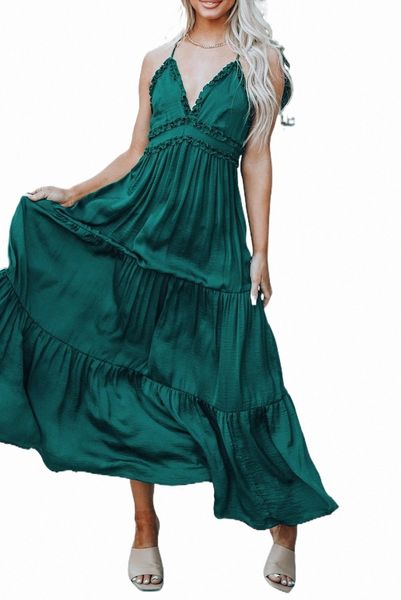 Cross Back Green Fill Sans manches à manches maxi à plusieurs niveaux U64B #