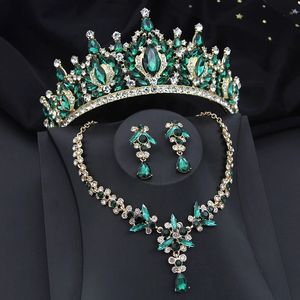 Ensembles de bijoux de mariée couronne verte pour femmes, diadèmes et collier, boucles d'oreilles, accessoires de Costume pour robe de mariée de bal, 240202
