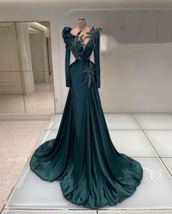 Robe de bal sirène verte foncée, manches longues, col en V, paillettes appliquées, longueur au sol, satin, dentelle 3D, fleurs, robe de soirée perlée, robes de mariée, grande taille, sur mesure