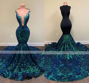 Groen Dark Sparkly Pargin Long Prom Party -jurken Mouwloze Afrikaanse zwarte meisjes Mermaid Formele avond Gala -jurken Custom