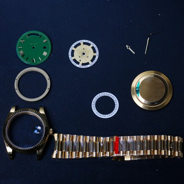 Piezas de reparación del kit de la caja del reloj de la esfera verde para 2836 /2834 Movimiento 36 mm Gold Color Sapphire