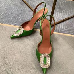 Groene kledingschoenen Amina Muaddi Dames Sandaalontwerper Crystal Rhinestone Buckle Decoration Sandals 9cm hoge hakken transparante PVC puntige tenen Stile 49