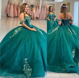 Groene jurken donkere baljurk lieverd uit schouder kanten appliques kristallen kralen bloemen korset rugjurk zoete vestido de anos quinceanera